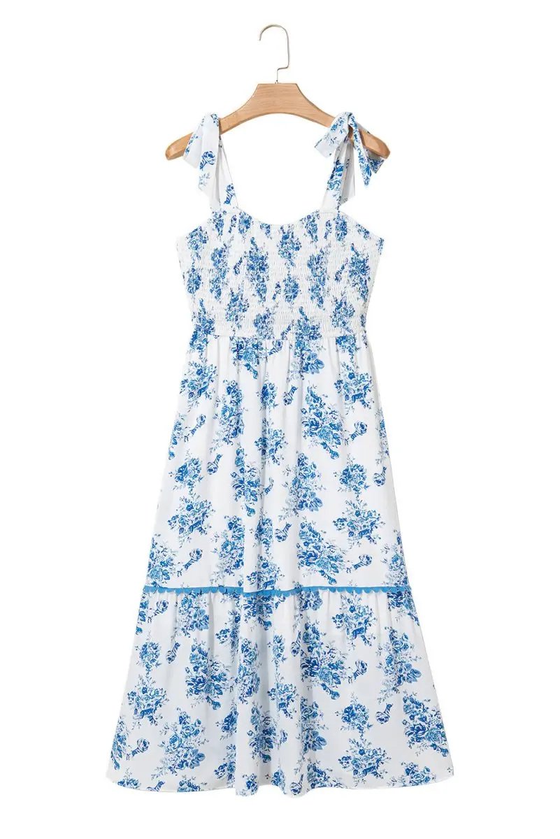 Sky Blue Floral Print Shirred Knot Shoulder Dress - Love Salve